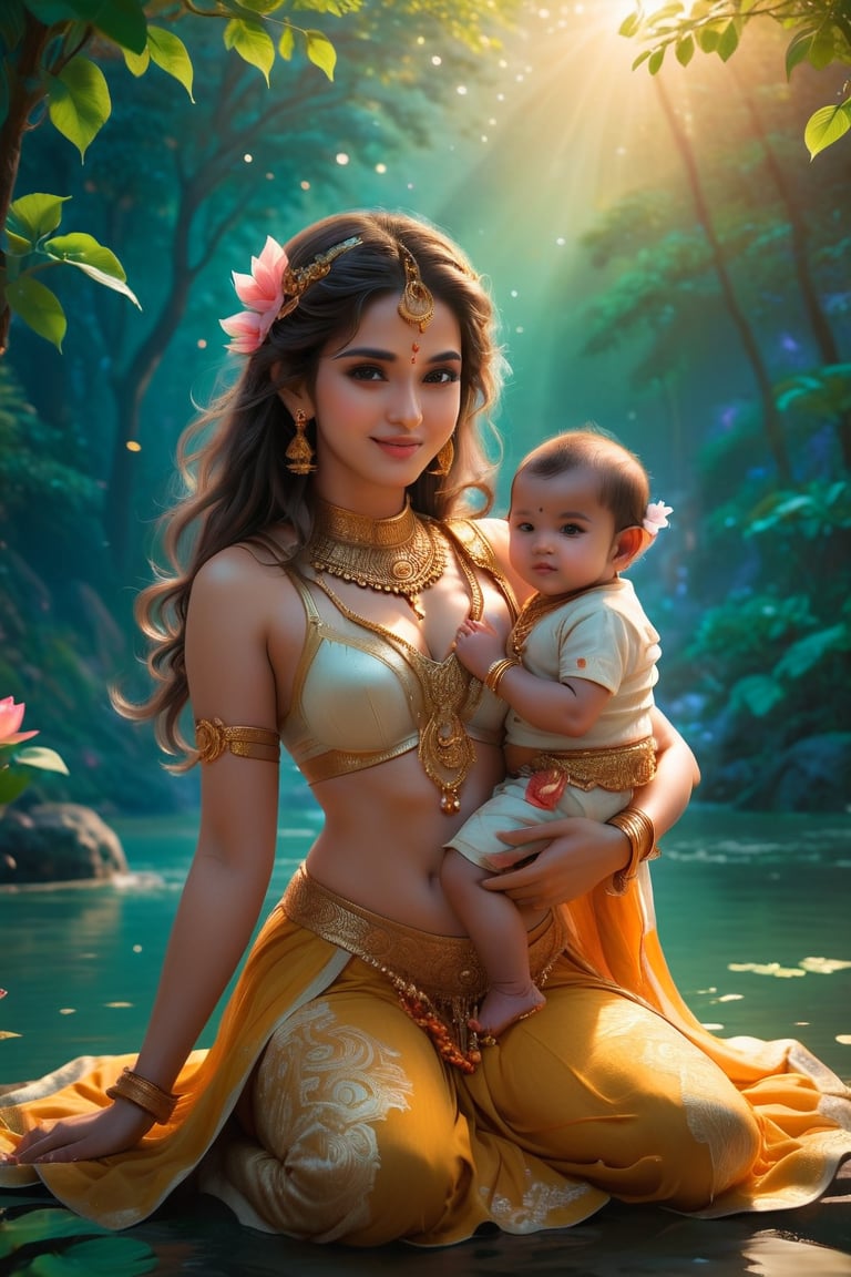 "Create a serene scene of Goddess Parvati seated on a lotus in a tranquil setting. She is holding baby Ganesha in her lap, gently cradling him. Parvati has a calm, nurturing expression, adorned in traditional Indian attire with intricate jewelry. The background should include soft, golden sunlight filtering through lush greenery, with a peaceful river flowing in the distance. Ganesha is shown as a joyful infant with an elephant head, smiling and looking at Parvati. The atmosphere should feel divine, warm, and full of love."