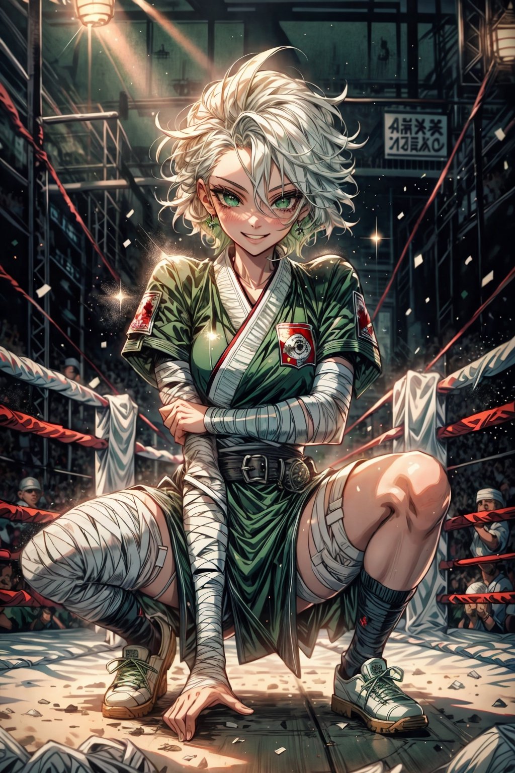 High quality, masterpiece, 1girl, sole_female, bright white hair, dazzling green eyes, a karate uniform, crouched in the middle of a fighting ring, triumphant smile, bandages on his arms