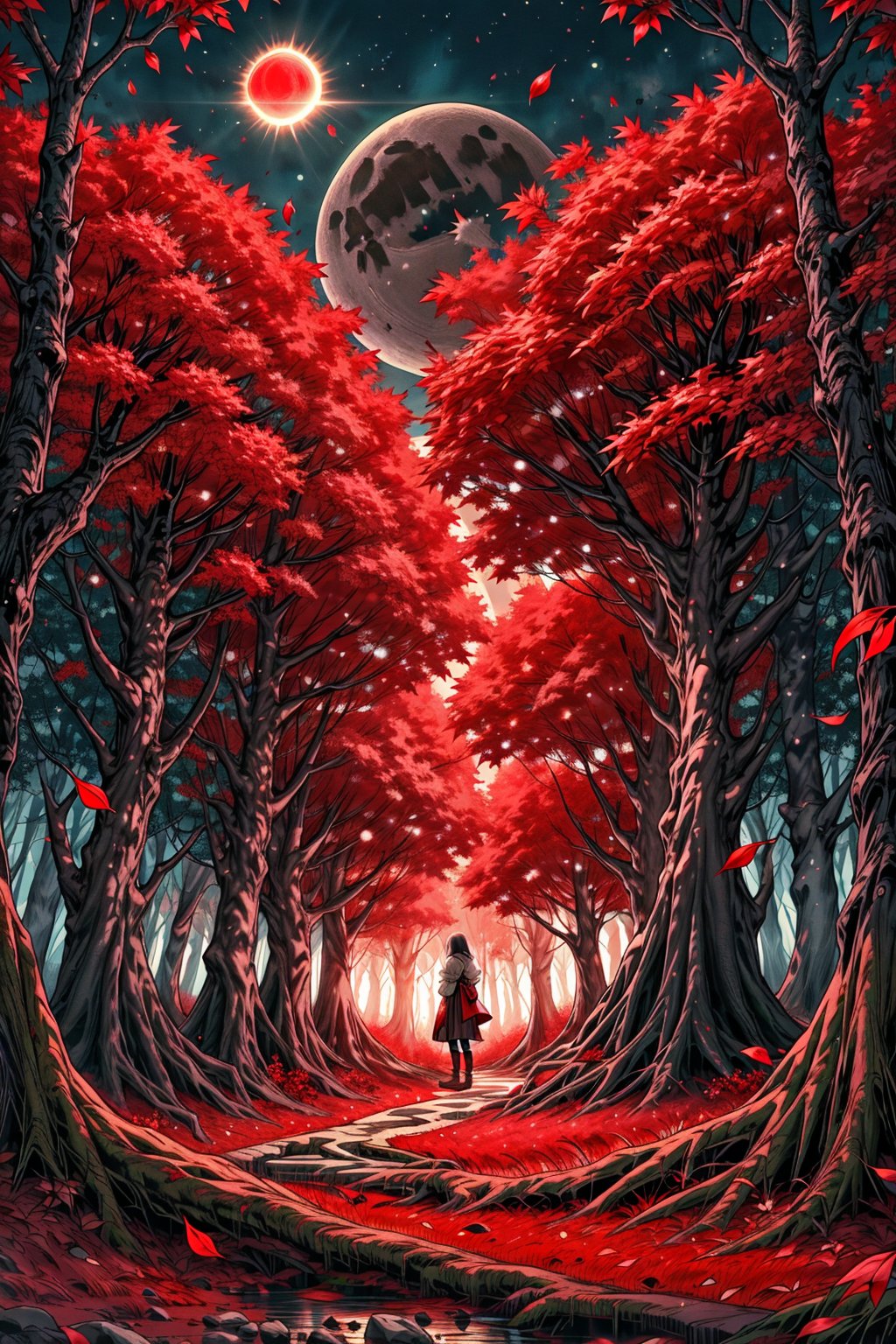 High quality, masterpiece, a forest of scarlet leaves like blood that has the sun and the moon illuminating it above it