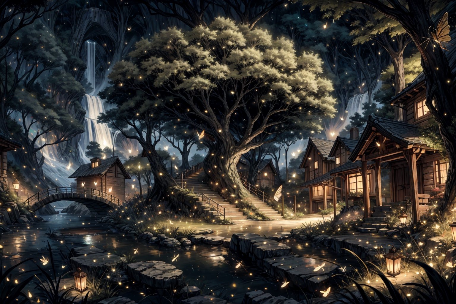 High quality, Masterpiece, Extreme Detailed, un pueblo de fantasia construido en la base de un inmenso arbol de cerezo con un rio que atravieza el pueblo y llegaa al medio del tronco del arbol,firefliesfireflies