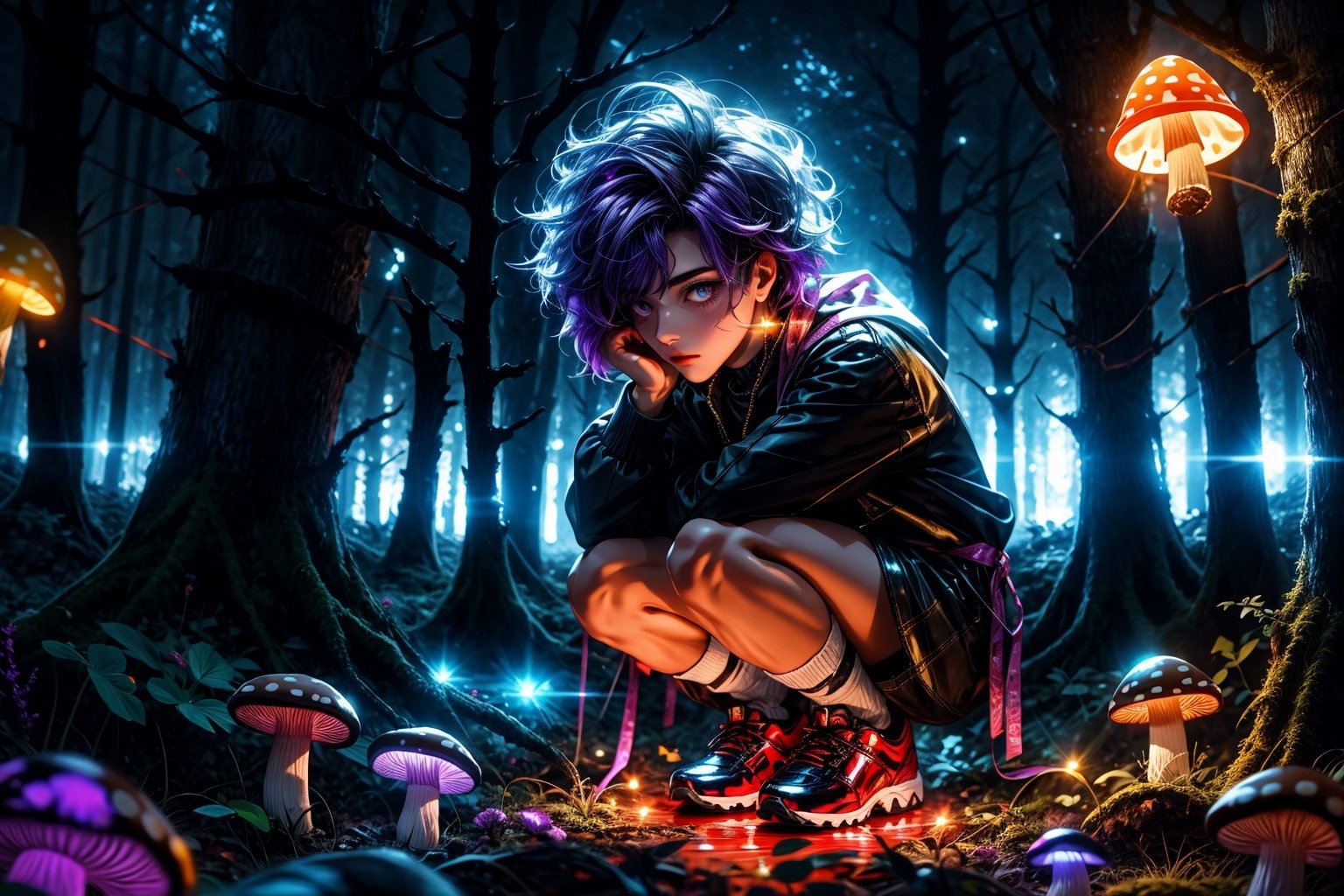 High quality, masterpiece, 1boy, shiny ligth purple hair,  golden_eyes, full_body, retro 80s clothing with led lights, crouched down on a forest observing a variety of glowing mushrooms, 