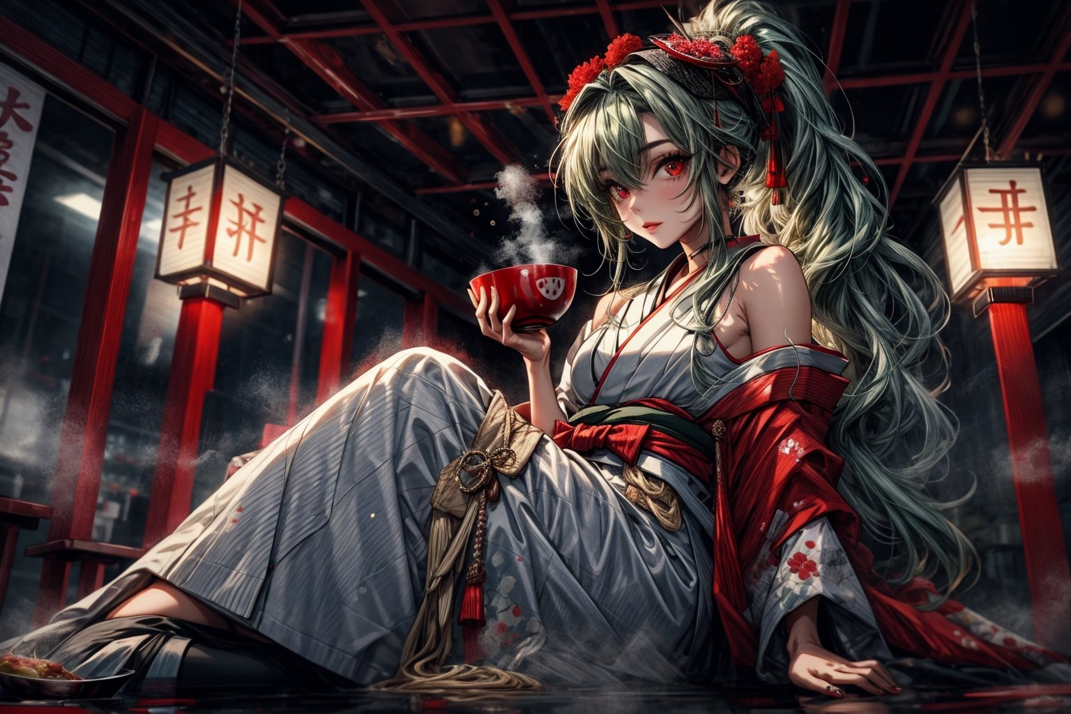 High quality, masterpiece, 1girl, shiny wavy waist-length greyish greenhair (which have a mist like look) that is tied up in a ponytail with a chest-length hair strand hanging on the left side, red eyes, a hakama kimono for women but with bare shoulders, a long scarf on her neck, sitting in a Japanese restaurant with a bowl of ramen and a bottle of sake in front of her, full-body_portrait, sitting facing the viewer