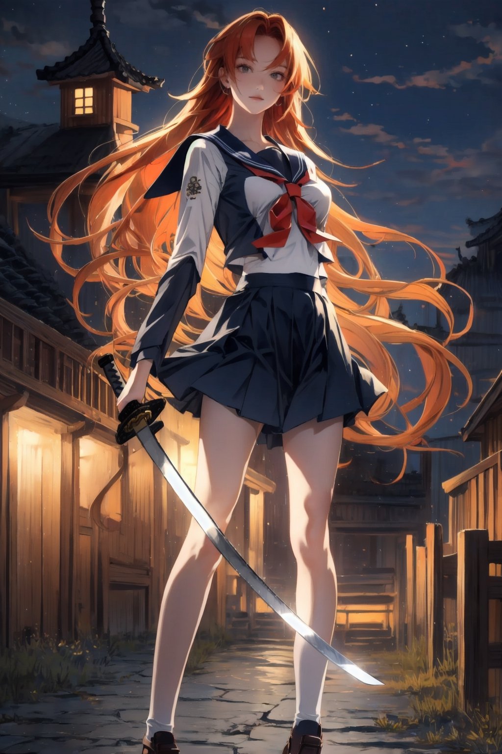 masterpiece,best quality,perfect face,intricate,beautiful scenery,ultra realistic 8k CG,perfect artwork,1girl,dead or alive,kasumi,medium breasts,beautiful eyes,orange hair,long hair,depth_of_field,medium breasts,beautiful body,beautiful skin,narrow waist,beautiful legs,night time,town,school uniform,sailor,doakasumi,(holding katana,katana),nodf_lora