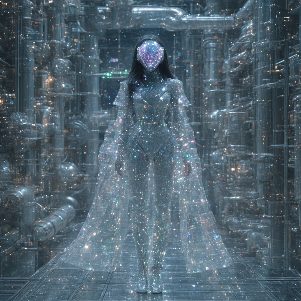 A futuristic warrior stands poised on a sleek platform amidst mechanical components, framed by polished chrome, matte aluminum, and carbon fiber panels. She wears a suit adorned with iridescent ceramic plates that glimmer in volumetric lighting, reacting to her movements with pearlescent white and obsidian black hues. Her crystalline visor displays shifting hexagonal patterns while maintaining clarity from within. Confidently posed against an industrial backdrop of exposed pipes, metallic latticework, and polished machinery, the warrior's raven-black hair falls down her back, emphasizing her sharp features and imposing presence.