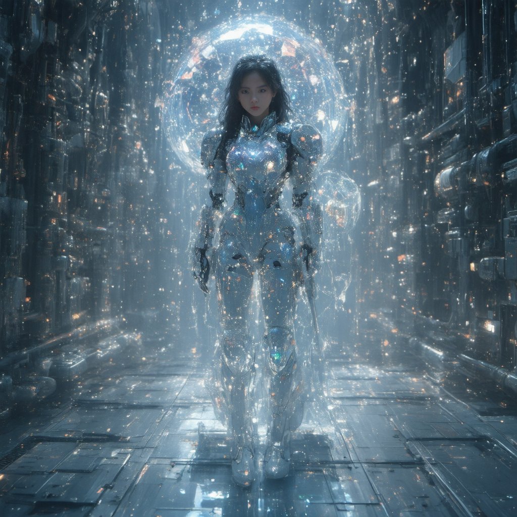 A futuristic warrior stands poised on a sleek platform amidst mechanical components, framed by polished chrome, matte aluminum, and carbon fiber panels. Her raven-black hair falls down her back as volumetric lighting highlights iridescent ceramic plates on her suit. Reactive materials shift between pearlescent white and obsidian black, creating dynamic light play on the crystalline visor displaying shifting hexagonal patterns while maintaining clarity from within. The subject's confident pose fills the frame against a backdrop of industrial elegance, with exposed machinery and pipes adding texture to the composition.