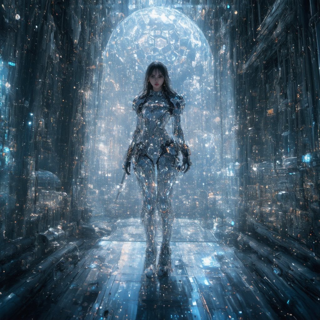 A futuristic warrior stands poised on a sleek platform amidst mechanical components, framed by polished chrome, matte aluminum, and carbon fiber panels. Her raven-black hair falls down her back as volumetric lighting highlights iridescent ceramic plates on her suit. Reactive materials shift between pearlescent white and obsidian black, creating dynamic light play on the crystalline visor displaying shifting hexagonal patterns while maintaining clarity from within. The subject's confident pose fills the frame against a backdrop of industrial elegance, with exposed machinery and pipes adding texture to the composition.