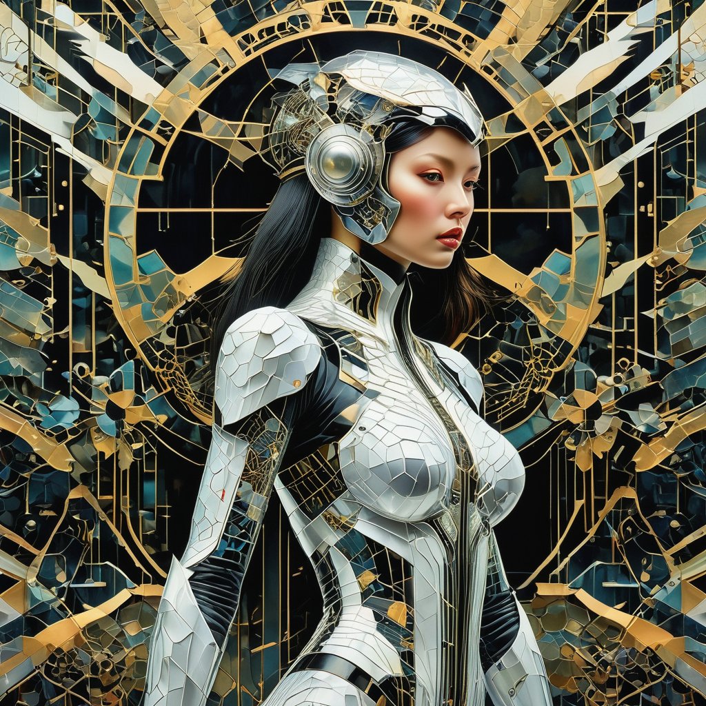 A futuristic warrior stands poised on a sleek, metallic platform amidst a kaleidoscope of mechanical components: polished chrome, matte aluminum, and carbon fiber panels. Her raven-black hair cascades down her back as volumetric lighting accentuates the iridescent ceramic plates on her suit. Reactive materials dance between pearlescent white and obsidian black, creating dynamic light play that contrasts with the crystalline visor displaying shifting hexagonal patterns. The warrior's confident pose fills the frame against a backdrop of industrial elegance, with reflections of polished steel and metallic surfaces emphasizing the futuristic armor.,Mother Earth