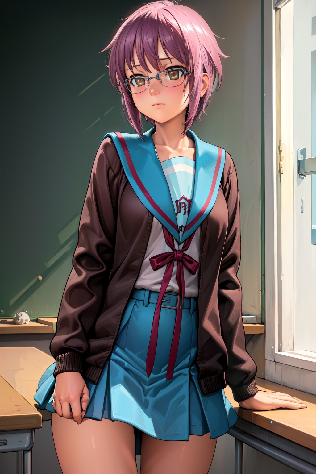 masterpiece, best quality, highres, ny1, school uniform, blue sailor collar, serafuku, skirt, blue skirt, long sleeves, brown cardigan, open cardigan, , cowboy shot, classroom, glasses, ,lasterk, masturbation_(female), emotionless,