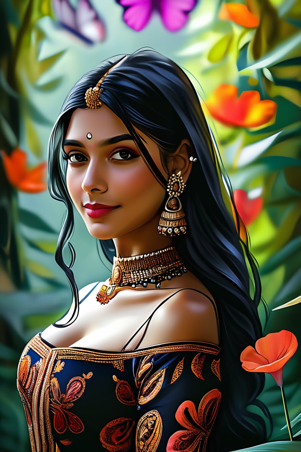 1girl, solo, long hair, looking at viewer, smile, black hair, dress, jewelry, standing, big_boobies, full body, earrings, outdoors, necklace, bracelet, butterflies, outdoors, forest, flowers, ring, realistic, long dress, corossdress, banarsi_silk_saree(multicolored,zariwork),hand on hip,