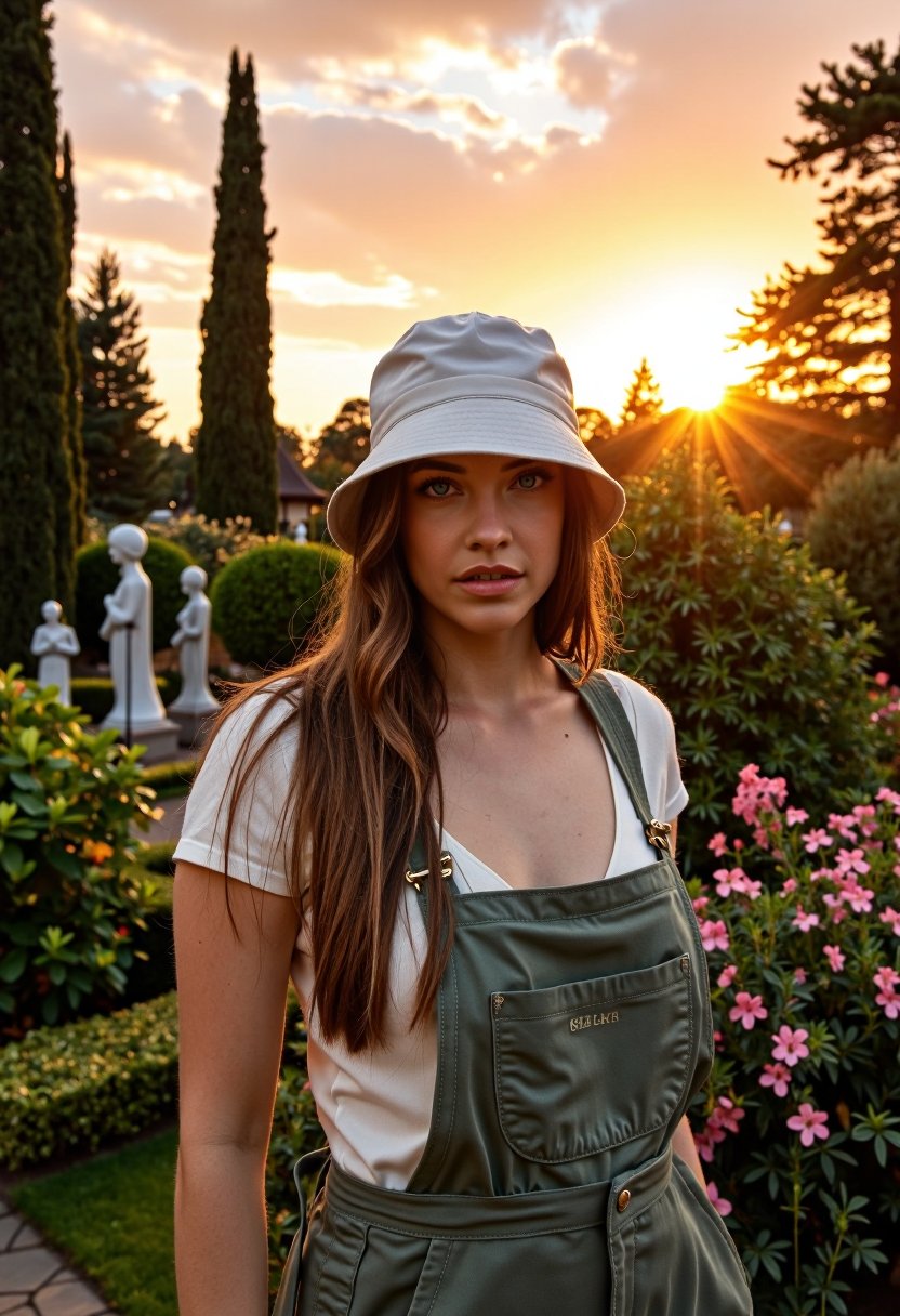 close-up of the face of A beautiful young woman exploring an overgrown garden in an english manor garden, surrounded by vines, tall flowering bushes, and mysterious statues. It is sunset, with a beautiful sky and clound formation. The woman is wearing overals and a bucket hat, 