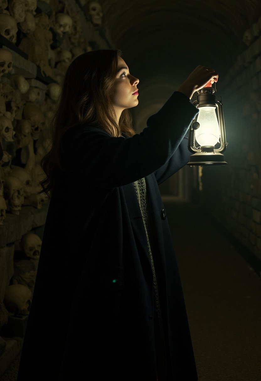 close-up of A young woman, wearing a dark overcoat, underground in a dark catacombs, holding up a lantern to see into the darkness. Darkness, creepy, atmospheric, cinematic. The background is a dark underground catacomb, filled with skulls and creepy statues. Midjourney_Whisper,