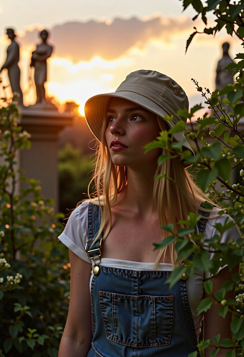 close-up of the face of A beautiful young woman exploring an overgrown garden in an english manor garden, surrounded by vines, tall flowering bushes, and mysterious statues. It is sunset, with a beautiful sky and cloud formation. The woman is wearing overals and a bucket hat, 