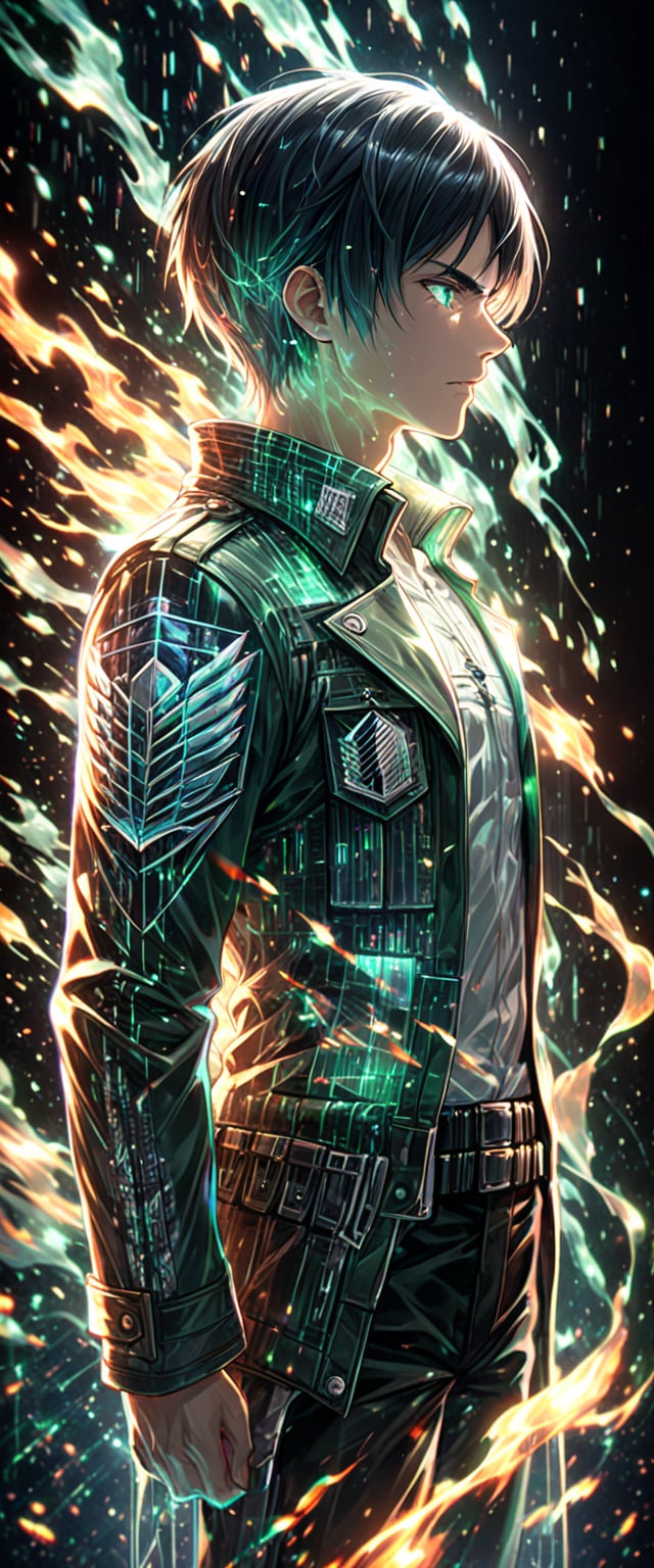 high quality, 8K Ultra HD, Imagine a vibrant canvas illuminated by a cascade of green binary code, dynamic lines and patterns similar to the matrix, solo, black hair, 1boy, green eyes, jacket, male focus, profile, glowing, fire, black background, breath, emblem, paradis military uniform, RGB vfx, full vxf, survey corps \(emblem\), eren yeager