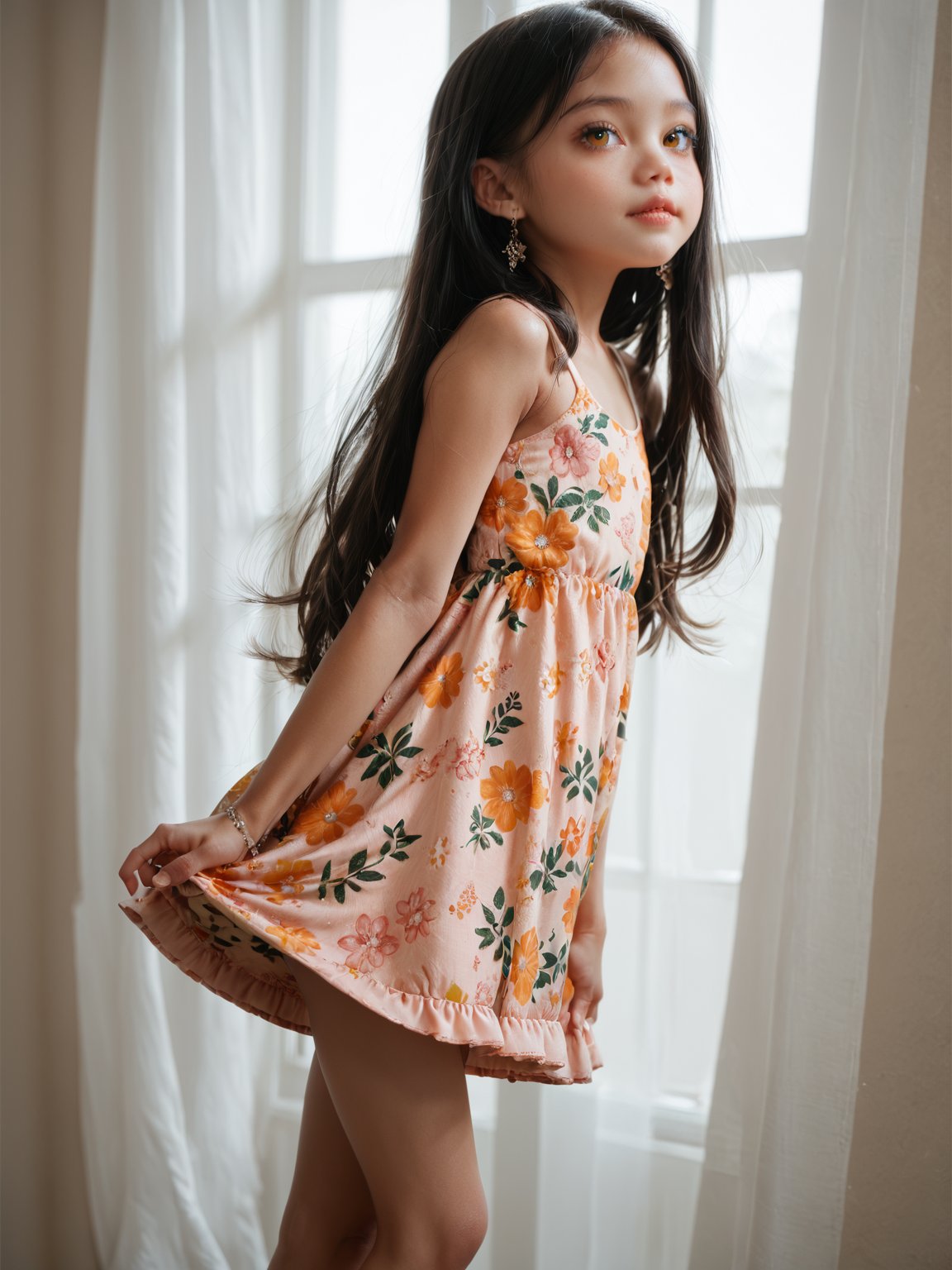 (score_9, score_8_up, score_7_up,) Little girl, 14 years old, black hair, amber eyes, floral dress, petite, child model, solo singer, perfect body, showing legs, long hair,Expressiveh