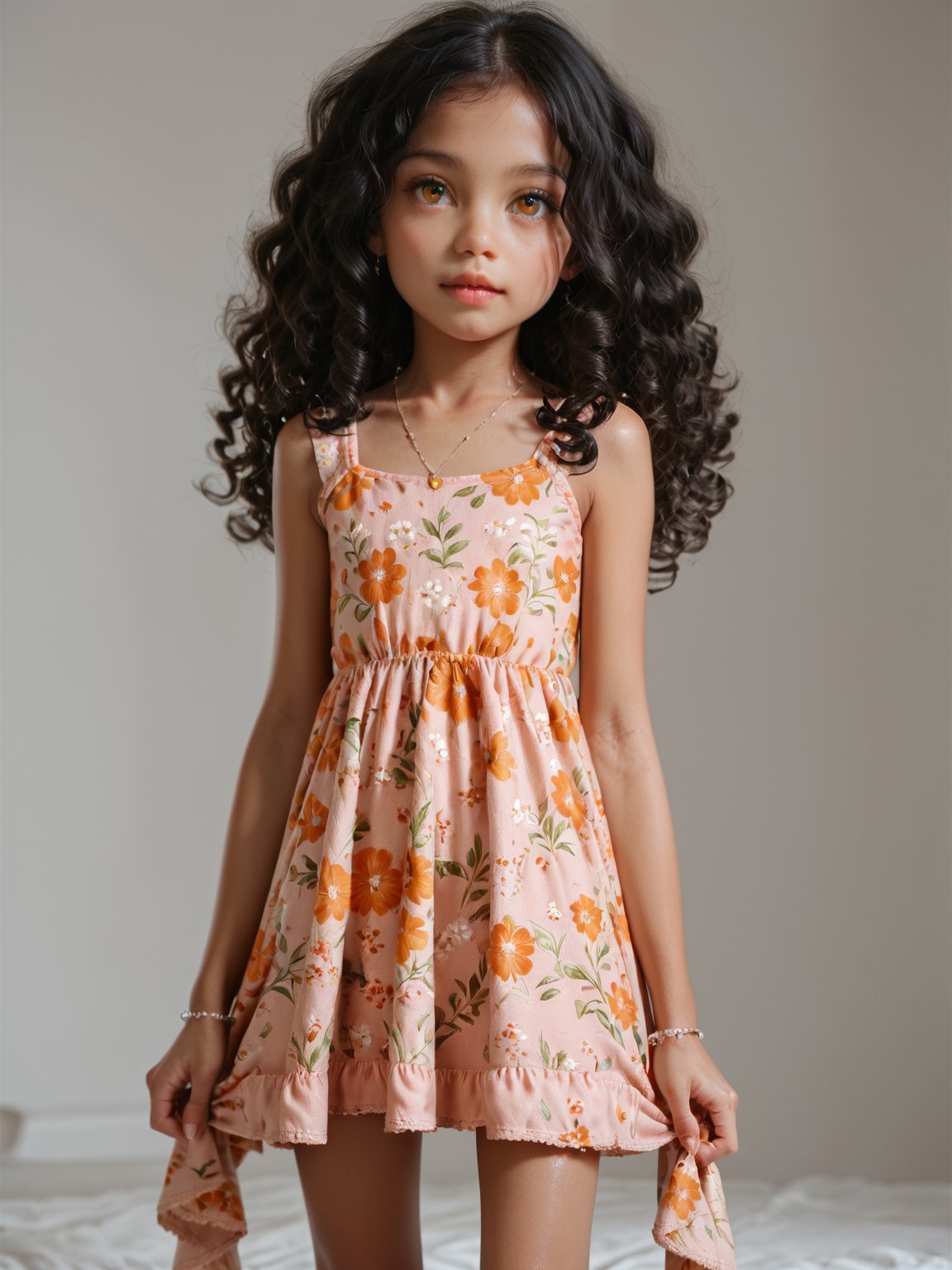 (score_9, score_8_up, score_7_up,) Little girl, 14 years old, black hair, amber eyes, floral dress, petite, child model, solo singer, perfect body, showing legs, long curly hair,Expressiveh