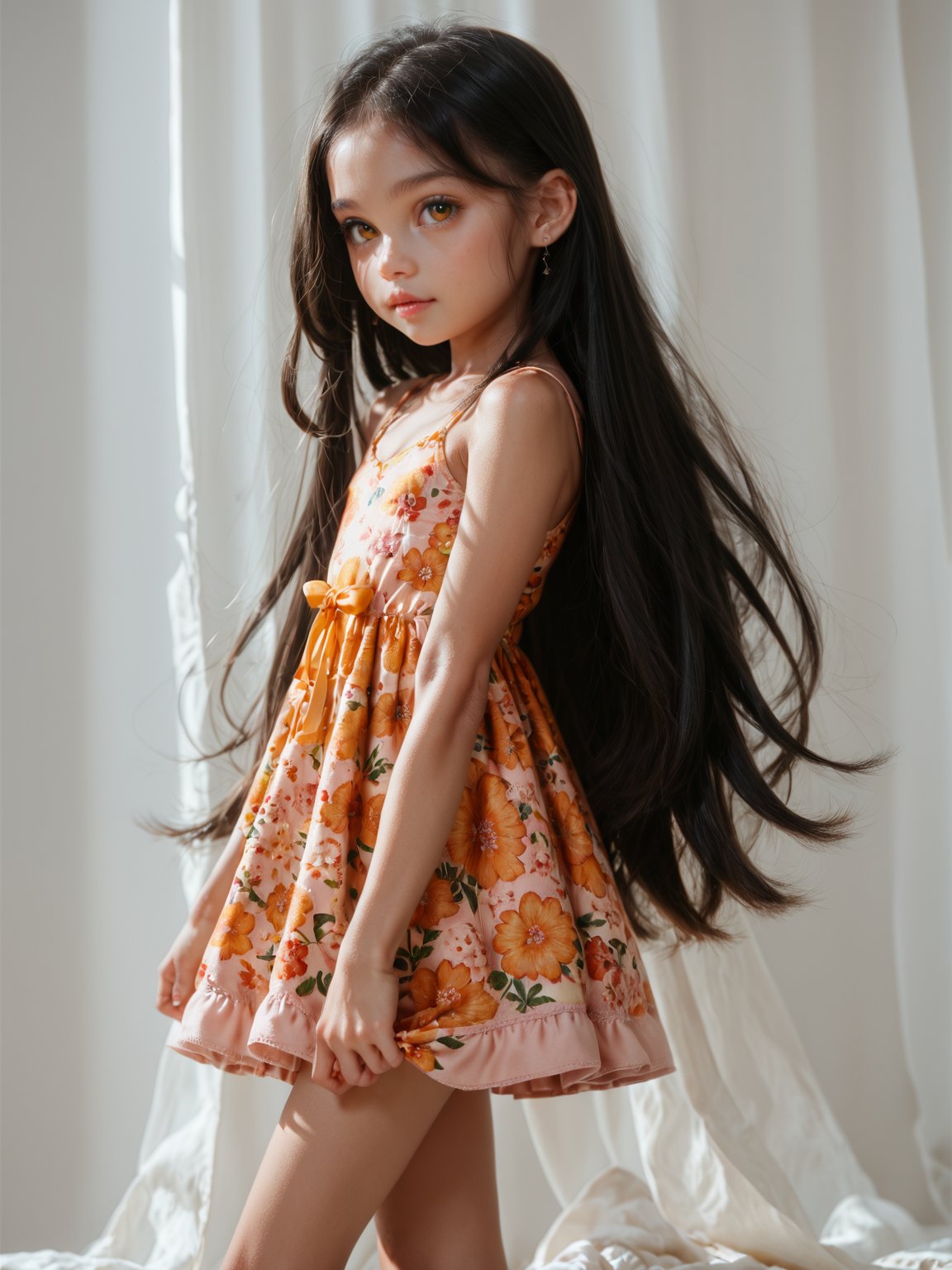 (score_9, score_8_up, score_7_up,) Little girl, 14 years old, black hair, amber eyes, floral dress, petite, child model, solo singer, perfect body, showing legs, long hair,Expressiveh