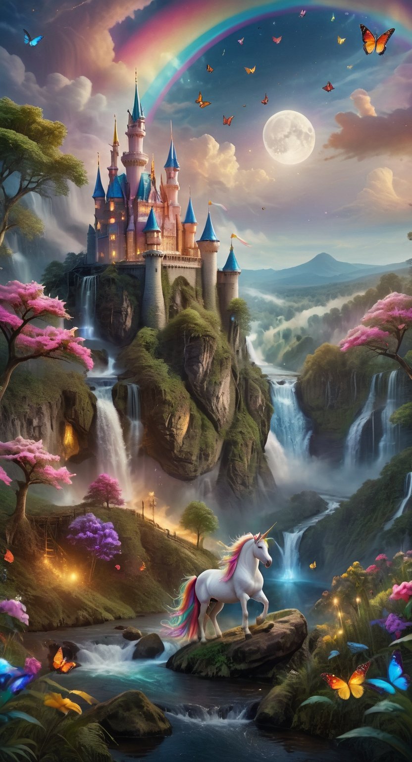 Beautiful unicorn, rainbow unicorn, magic forest, night sky, moon, fireflies, butterflies, beautiful and spectacular waterfalls, picturesque landscapes, gorgeous castles, (Masterpiece, Best Quality, 16K: 1.2), ( Ultra-detailed, high-resolution, extremely detailed, ridiculous, incredibly ridiculous, huge file size: 1.1), (photorealism: 1.3), Futurevolab, portraits, surreal illustrations, digital paintings.