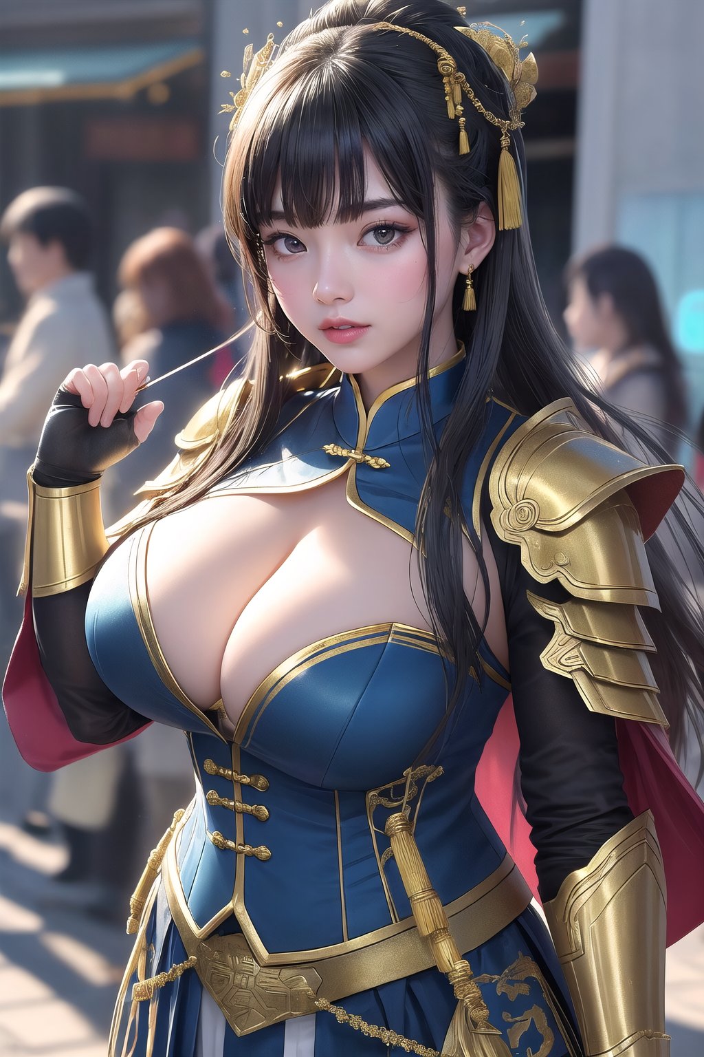 Chinese sneering busty beautiful girl，Strong and plump figure，Perfectly beautiful and charming face，Fair and translucent facial features，Seven-point shot，（Desolate ancient battlefield：1.2），（Handheld weapons：1.2），overtake，overtake爆乳，Large cleavage，Thin waist and wide hips，Thick Arms，白皙細緻油亮overtake大，性感overtake低胸精緻，Gorgeous armor with metallic luster，Vampire Fangs，There is blood on the corner of the mouth，Ultimate picture quality，CG unified 16K，物overtake所值細緻，Detailed background，Full depth of field，HDR high dynamic，True restoration，Delicate，Pay attention to details and strengthen，overtake高飽和度，1億overtake高像素，Perfect presentation of artistic style Midway。