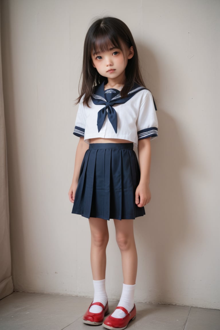 Long straight hair, bangs (Miss:1.2)(score_9,score_8_up),score_7_up,school uniform,realistic face,(small face:1.1),full body photo,small,child