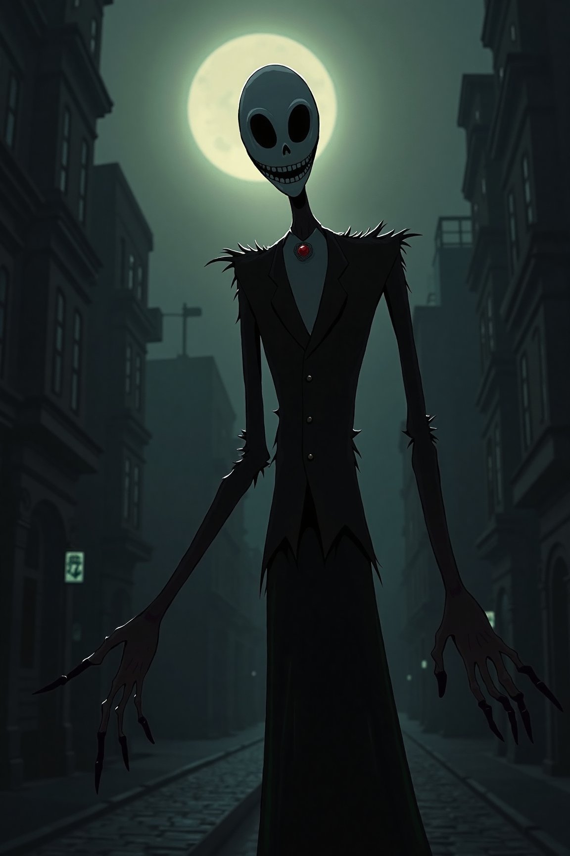 illustration in horror theme, creepy slendermen silhouette smile at camera in dark city