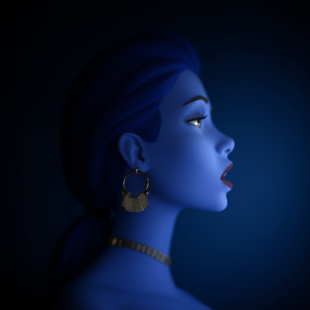 raw photography in cgi 3d style, rtyg0, focus on a  blue skin girl with golden earrings, bright flash, overexposed dark background