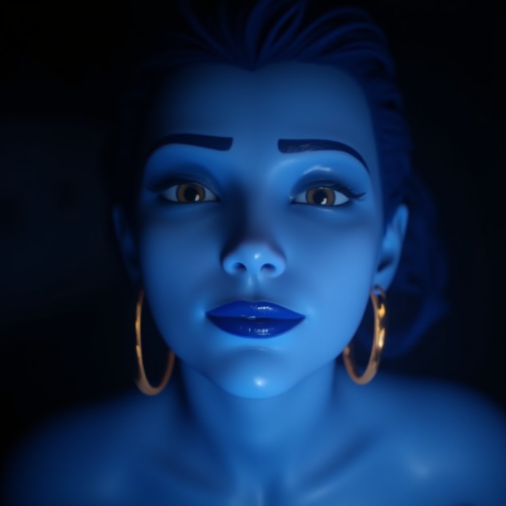 raw photography in cgi 3d style, rtyg0, focus on a  blue skin girl with golden earrings, bright flash, overexposed dark background