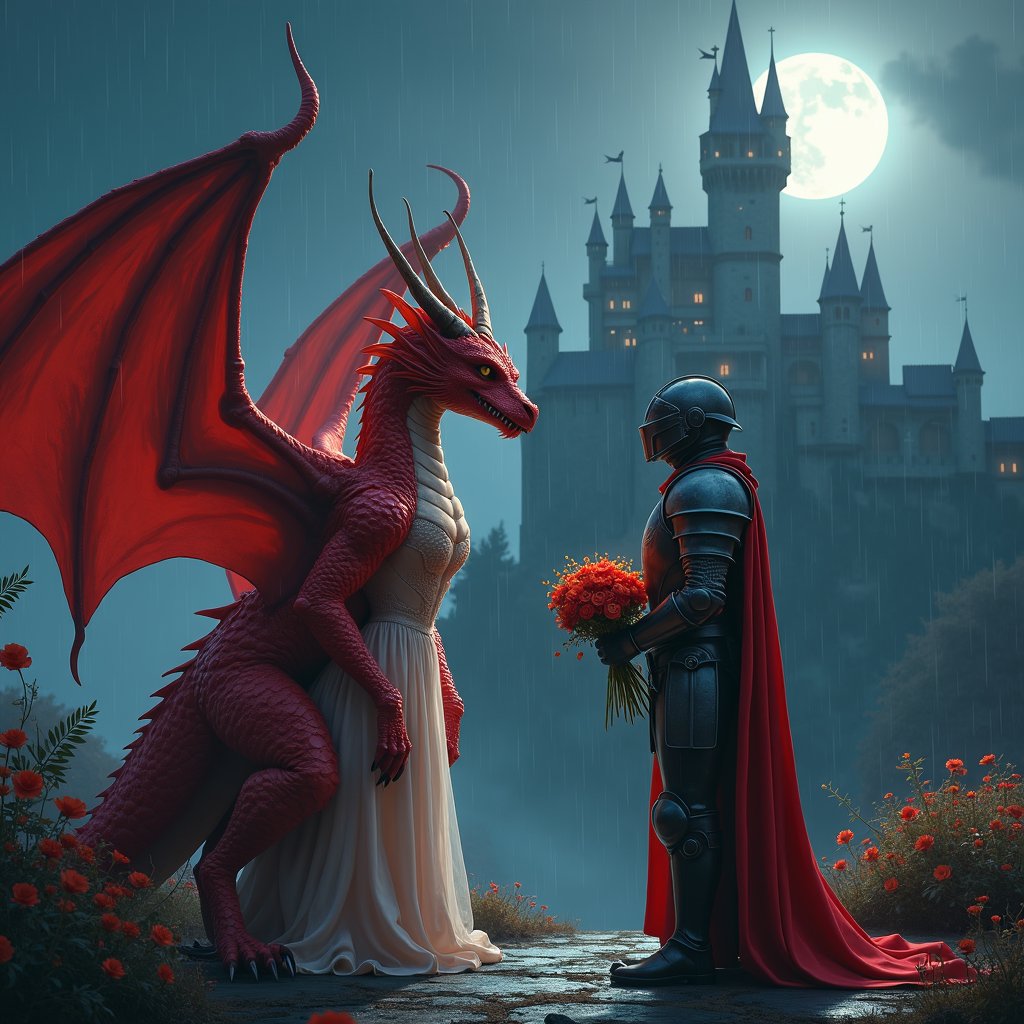 Realistic style, sexy red dragon with horns is an anthro female standing on the left in dress looking with admiration at flowers. A knight man in a helmet ans sci fi armor stands to the right and holds flowers to the dragon girl. Background castle at night in rain. Dramatic volumetric light. Moon light.