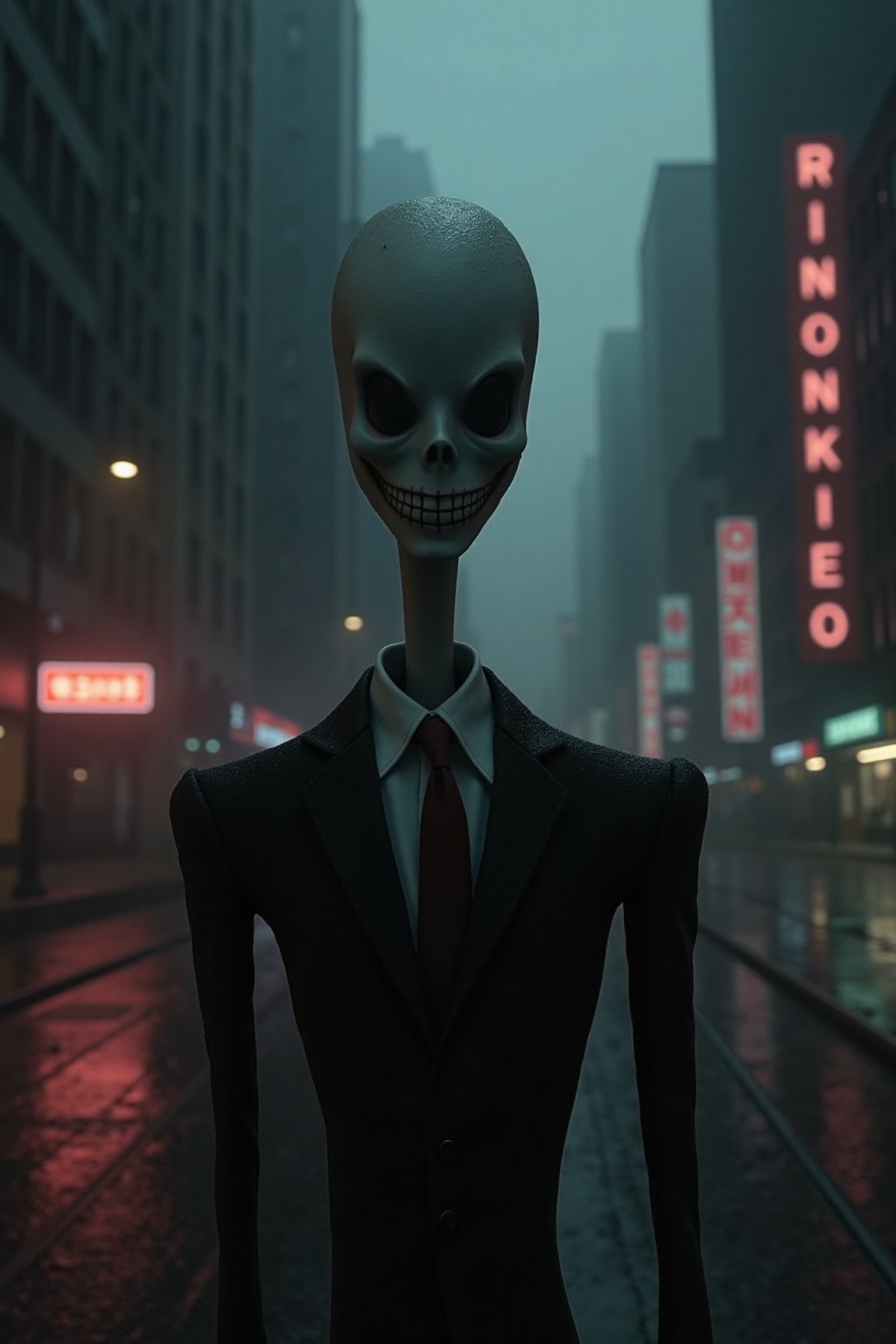 A haunting portrait of a Creepy Slenderman's silhouette, its elongated face sporting a sinister smile as it gazes directly into the lens. Shot against a dark and foreboding cityscape, the only light comes from the faint glow of neon signs reflecting off the wet pavement. The subject's slender form is eerily framed by the towering skyscrapers, exuding an air of malevolent intent.