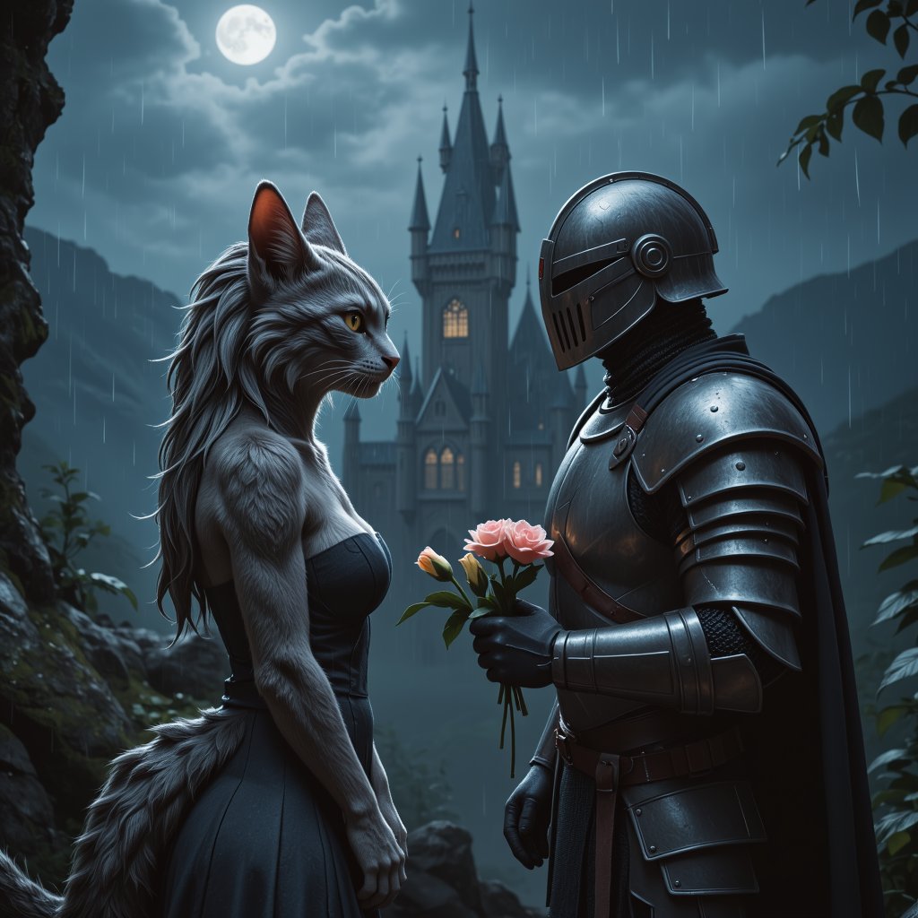 Realistic style, sexy cat with gray fur is an anthro female standing on the left in dress looking with admiration at flowers. A knight man in a helmet ans sci fi armor stands to the right and holds flowers to the dragon girl. Background castle at night in rain. Dramatic volumetric light. Moon light.