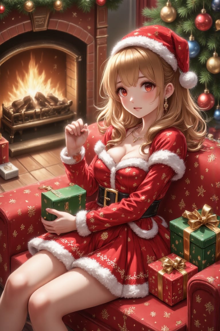 A beautiful young girl is at home,  wearing beautiful Christmas clothes,  sitting on a red sofa near the fireplace by Shin...