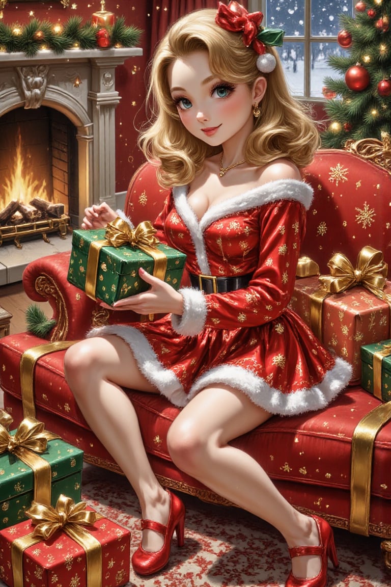 A beautiful young girl is at home,  wearing beautiful Christmas clothes,  sitting on a red sofa near the fireplace by Shin...
