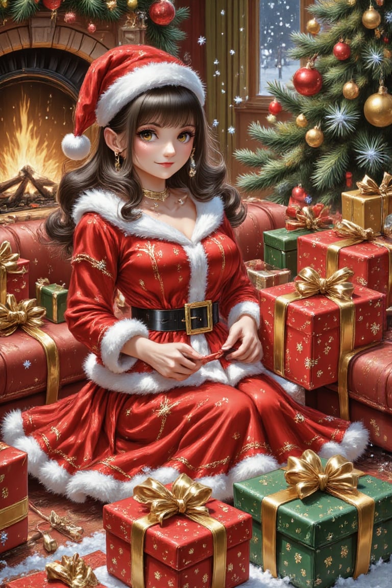 A beautiful young girl is at home,  wearing beautiful Christmas clothes,  sitting on a red sofa near the fireplace by Shin...