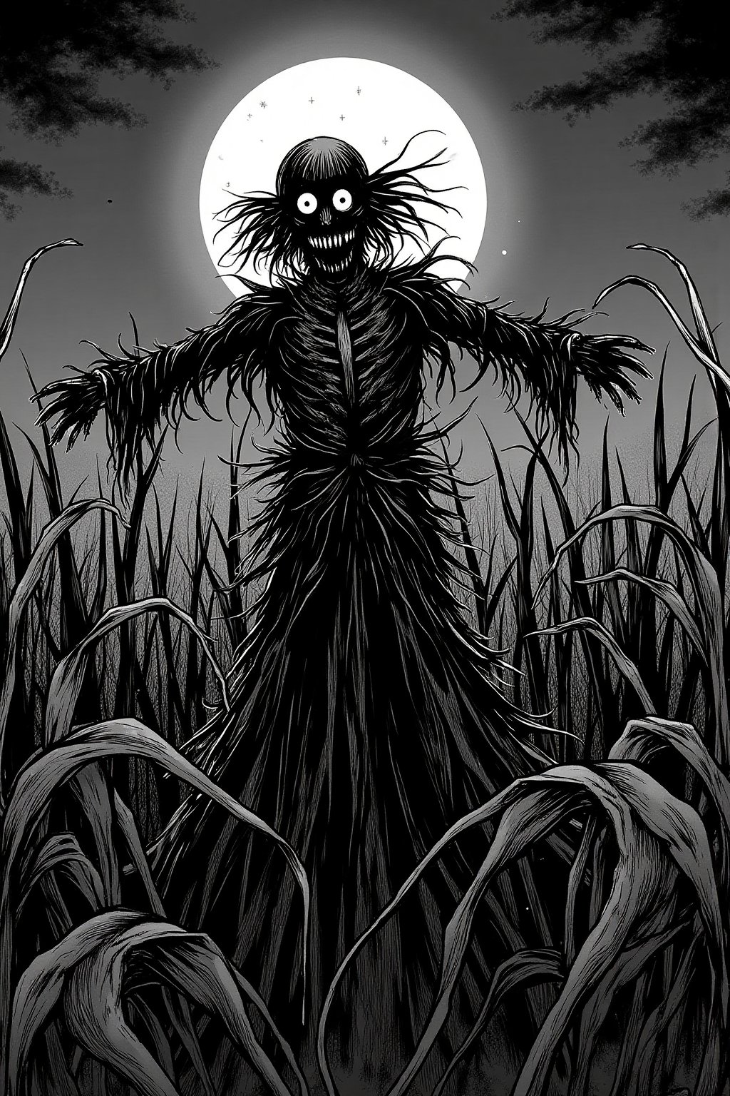 (horror mangaz), in the middle of a dry corn field, at night during a full moon, in the middle of the field there is SCARECROW standing, SCARECROW's eyes are glowing, SCARECROW is held by the wood behind him, looking at the viewer, reaching out to the viewer as if he wants to catch them.