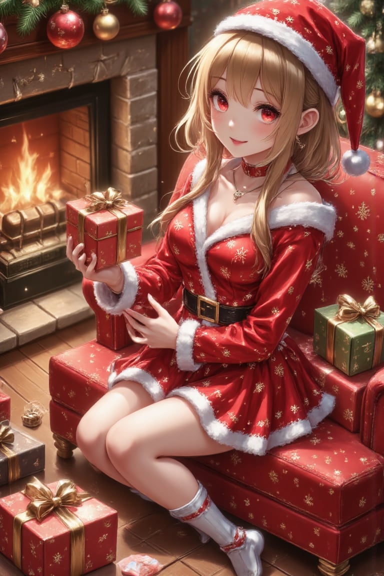 A beautiful young girl is at home,  wearing beautiful Christmas clothes,  sitting on a red sofa near the fireplace by Shin...