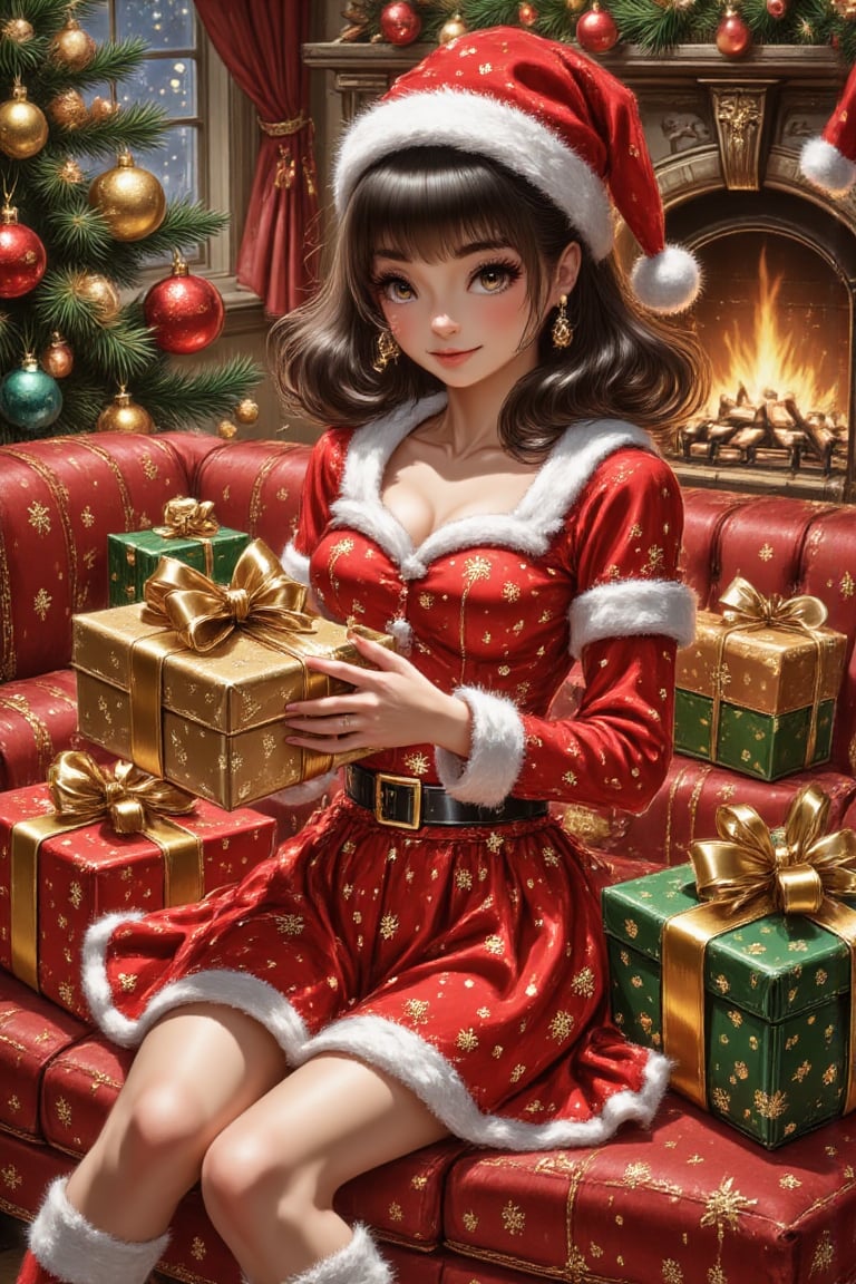 A beautiful young girl is at home,  wearing beautiful Christmas clothes,  sitting on a red sofa near the fireplace by Shin...