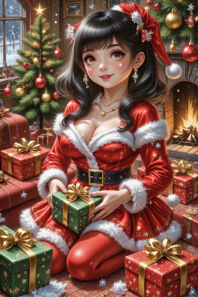 A beautiful young girl is at home,  wearing beautiful Christmas clothes,  sitting on a red sofa near the fireplace by Shin...
