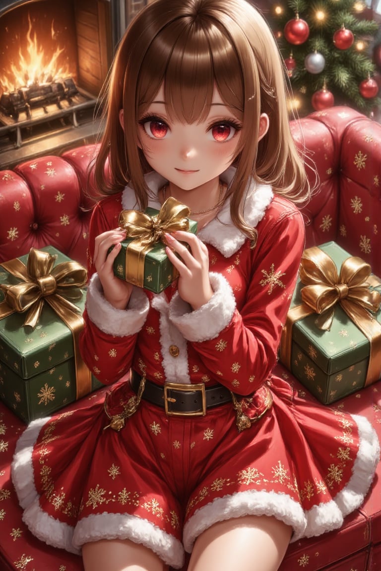 A beautiful young girl is at home,  wearing beautiful Christmas clothes,  sitting on a red sofa near the fireplace by Shin...