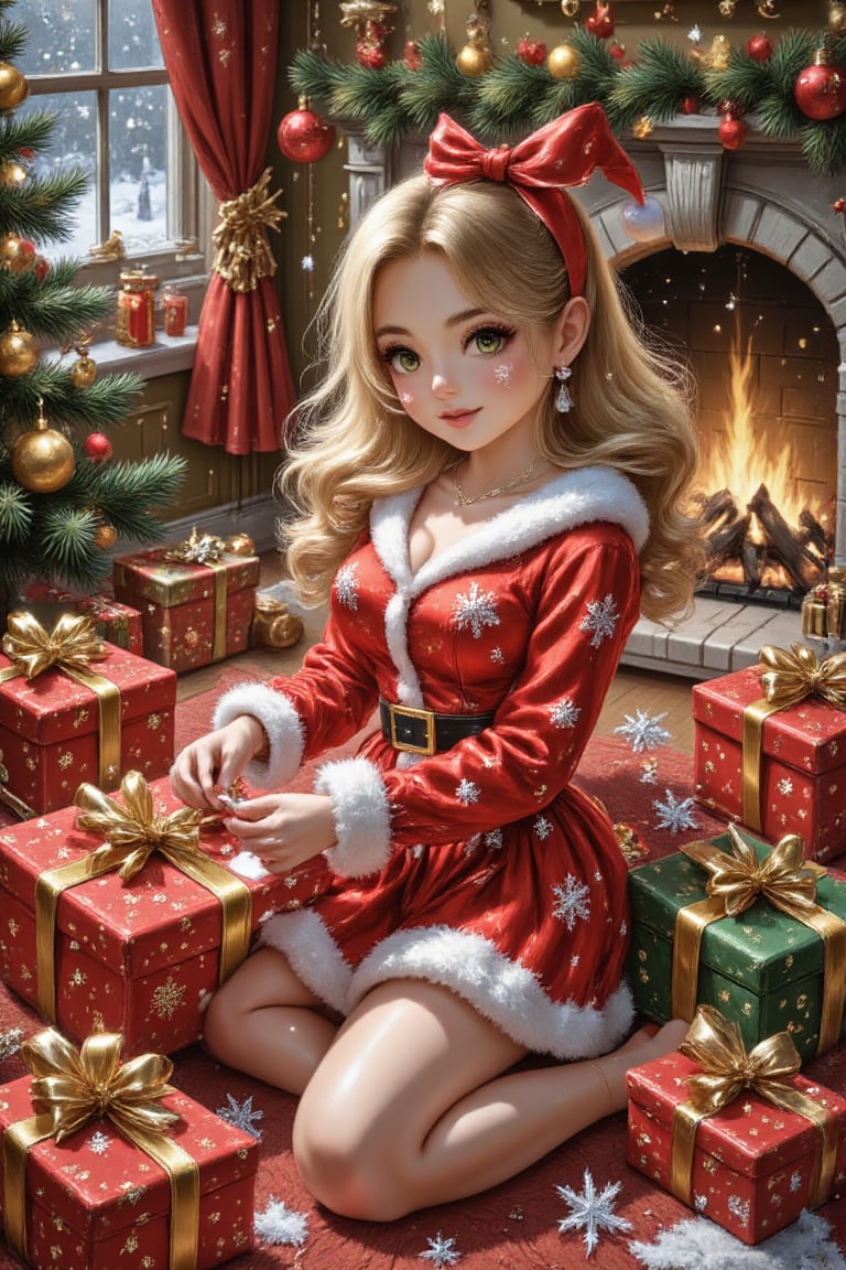 A beautiful young girl is at home,  wearing beautiful Christmas clothes,  sitting on a red sofa near the fireplace by Shin...