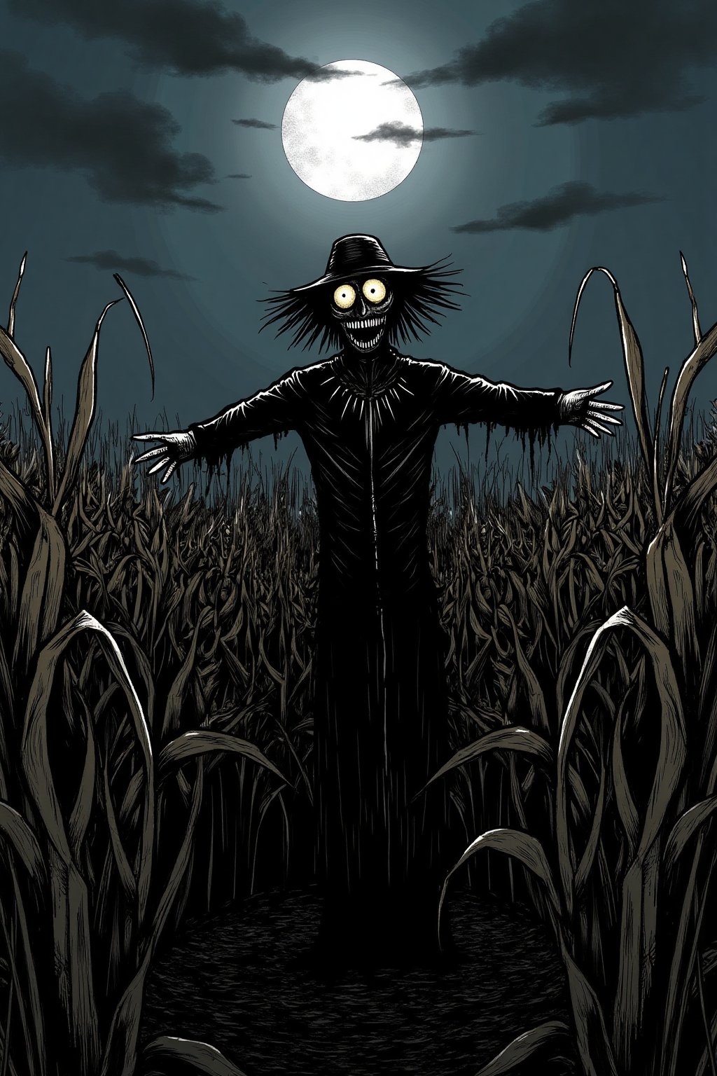 in the middle of a dry corn field, at night during a full moon, in the middle of the field there is SCARECROW standing, SCARECROW's eyes are glowing, SCARECROW is held by the wood behind him, looking at the viewer, reaching out to the viewer as if he wants to catch them.