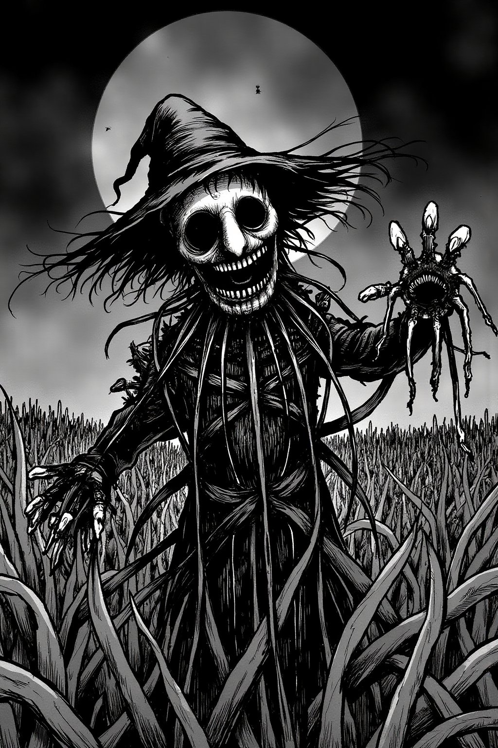 (horror mangaz), in the middle of a dry corn field, at night during a full moon, in the middle of the field there is SCARECROW standing, SCARECROW's eyes are glowing, SCARECROW is held by the wood behind him, looking at the viewer, reaching out to the viewer as if he wants to catch them.