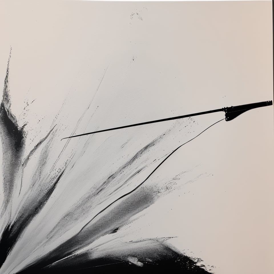 The background is a blank sheet of paper, an abstract black and white painting:  a empty bow, shooting into the sky,no humans.