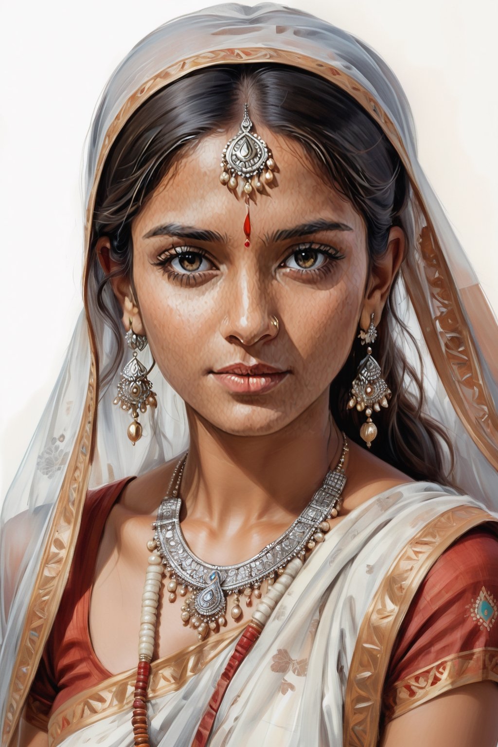 Ultra-realistic sketch, Indian woman, stunning, elegant colors, soft tones, in the style of highly detailed portraits, white background