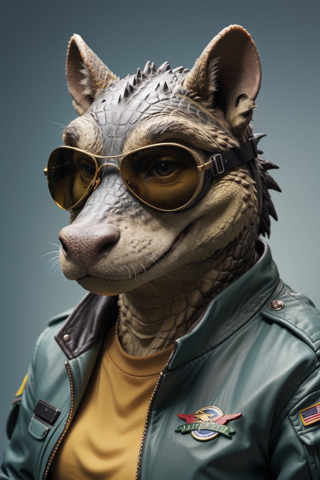 portrait photo of a anthro aligator pilot .wearing aviator sunglasses and jet fighter jacket solid yellow background