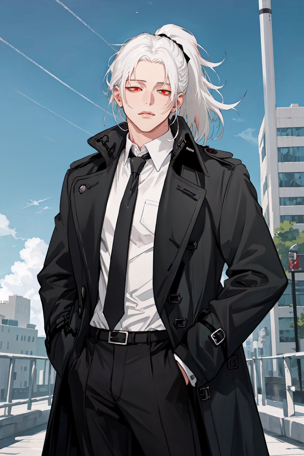 masterpiece, best quality, highly detailed background, perfect lighting, best quality (extremely detailed face), volumetric lighting, intricate details, shadows, tone mapping, sharp focus, hyper detailed, trending on Artstation, (only)
BREAK
(1 boy, white hair, medium hair, ponytail, male focus, muscular man, red eyes)
BREAK
(business suit, black pants, white shirt, black coat, trench coat, tie, pockets)
BREAK
(outdoor, city, sky background)
BREAK
(standing, looking at viewer, mouth closed)
