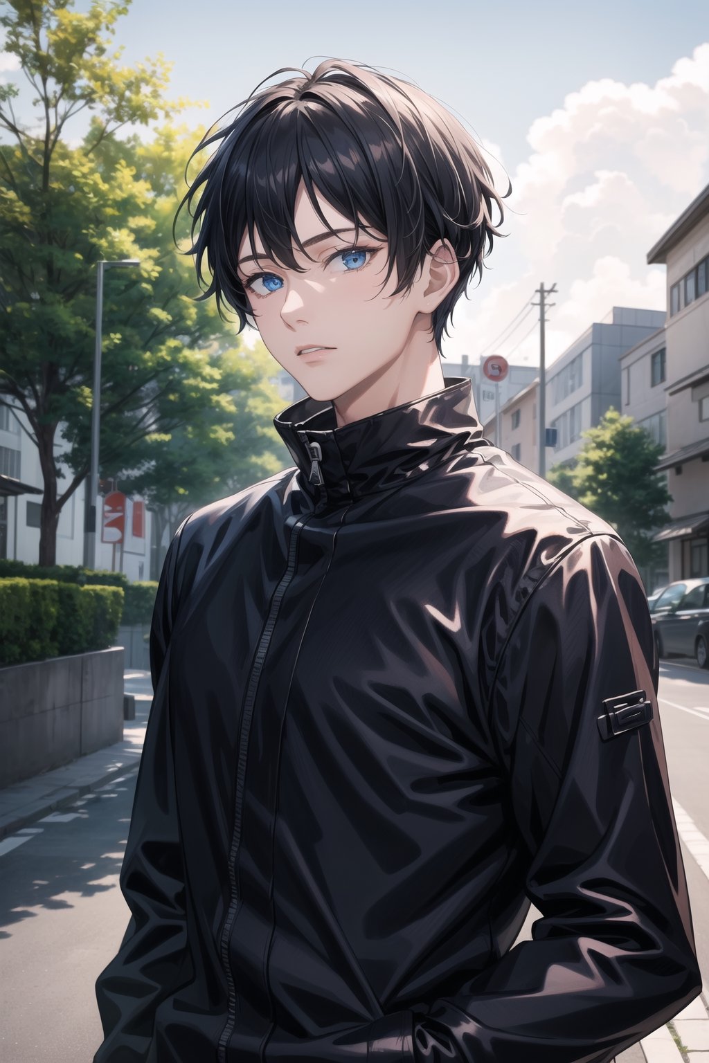 masterpiece,highres,high quality,extremely detailed,solo,outdoors, looking at viewer, SatoruGojo,1man, black jacket,popped collar,gojo satoru, black hair, blue eyes