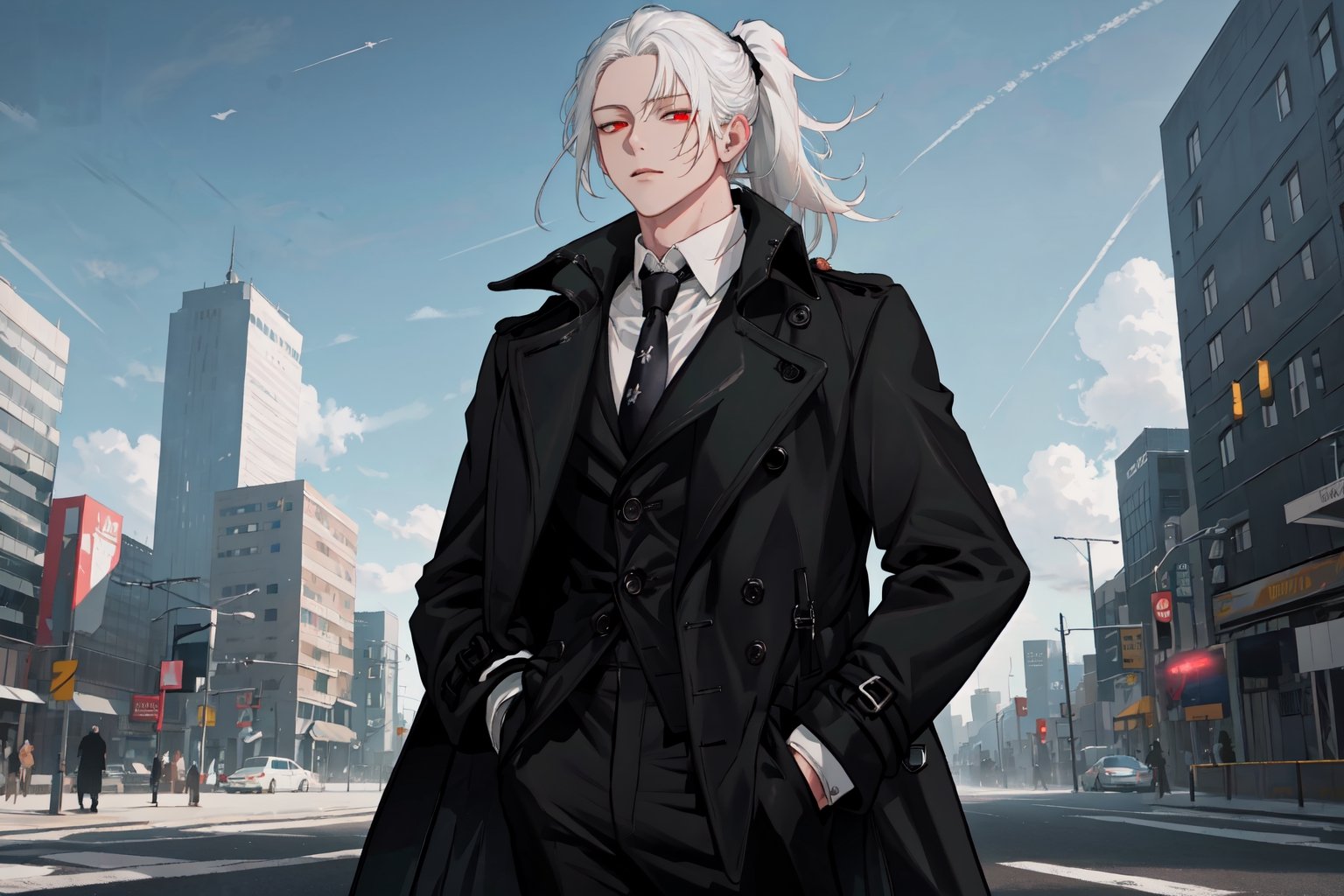 masterpiece, best quality, highly detailed background, perfect lighting, best quality (extremely detailed face), volumetric lighting, intricate details, shadows, tone mapping, sharp focus, hyper detailed, trending on Artstation, (only)
BREAK
 (1 boy, white hair, medium hair, ponytail, male focus, muscular man, red eyes) 
BREAK
 (business suit, black pants, white shirt, black coat, trench coat, tie, pockets) 
BREAK 
(outdoor, city, sky background) 
BREAK 
(standing, looking at viewer, mouth closed)