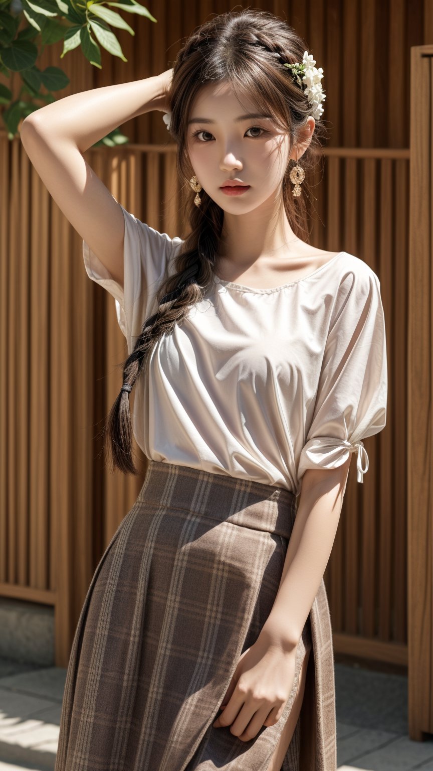 High_resolution, highly_detailed, realistic photograph, soft_lighting, 1girl, young shy korean girl, detailed_face, 170cm tall, model photoshoot, realisitic, wearing blouse and checkered_a-line skirt ,soft colour, natural_setting, love, closed_mouth, hairstyle_braided (wraps around the head), cool vibes,showing_love sign, real world location, 3d background,realhands, perfect body proportion, slim figure,1 girl, normal arms_length, normal_neck, small beast size, simple_earings