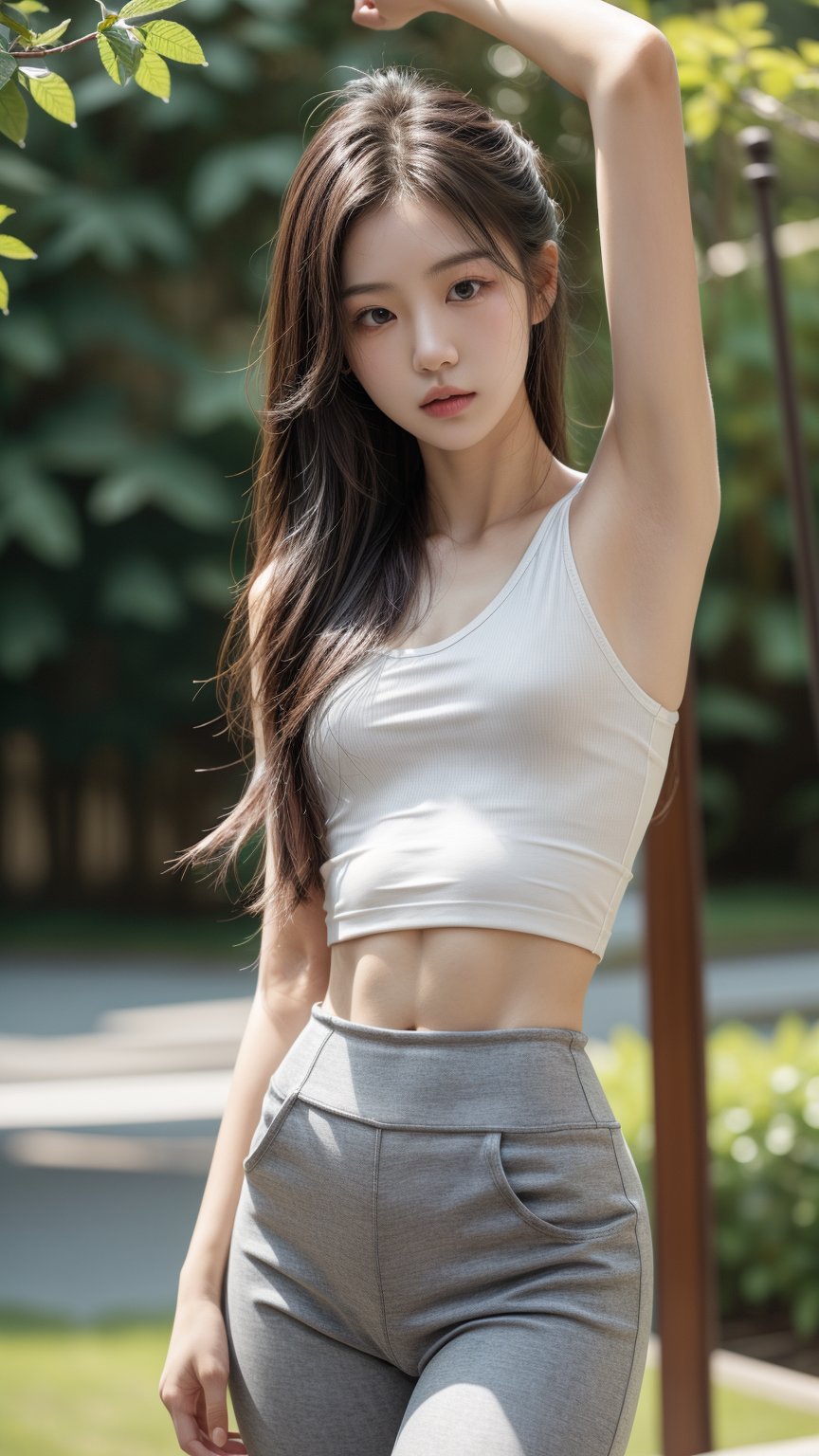 High_resolution, highly_detailed, realistic photograph, soft_lighting, 1girl, young shy korean girl, detailed_face, 170cm tall, model photoshoot, realisitic, wearing black and white tanktop and highwaist_yogapants, cute, nape, soft colour, natural_setting, closed_mouth, hairstyle_layer, cool vibes, real world location, 3d background,realhands, perfect body proportion, slim figure,1 girl, normal arms_length, normal_neck, small beast size, well defined abs