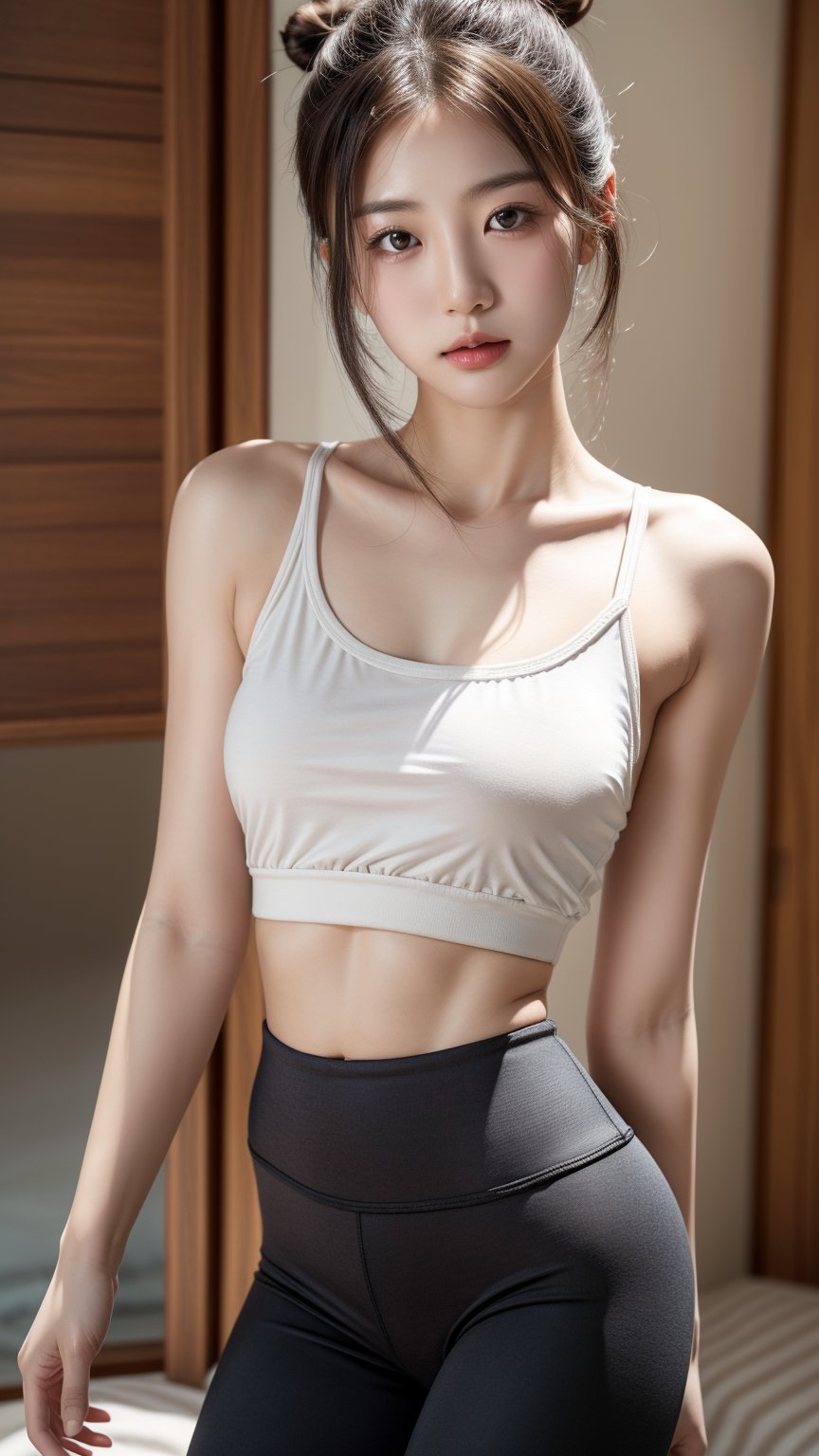 High_resolution, highly_detailed, realistic photograph, soft_lighting, 1girl, young shy korean girl, detailed_face, 170cm tall, model photoshoot, realisitic, wearing black and white tanktop and highwaist_yogapants, cute, nape, soft colour, natural_setting, closed_mouth, hairstyle_longbun, cool vibes, real world location, 3d background,realhands, perfect body proportion, slim figure,1 girl, normal arms_length, normal_neck, small beast size, well defined abs