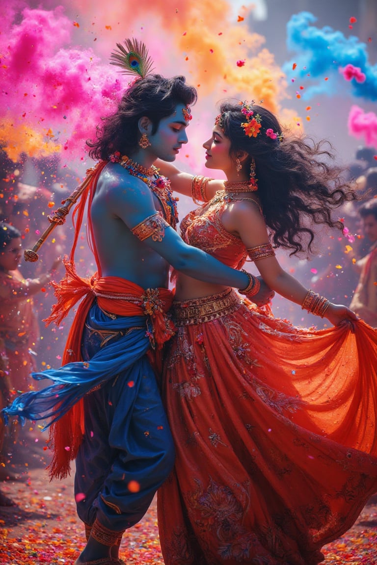 A breathtaking,  ultra-realistic image of Radha and Krishna dancing gracefully during Holi,  surrounded by vibrant clouds...